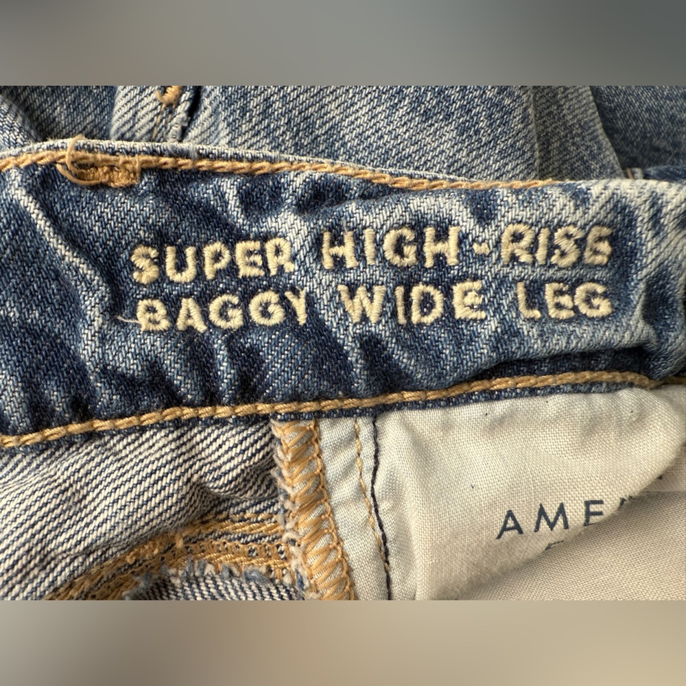 American Eagle Women's Super High Rise Baggy Wide Leg Blue Jeans Raw Hem 000/XXS - Picture 8 of 15
